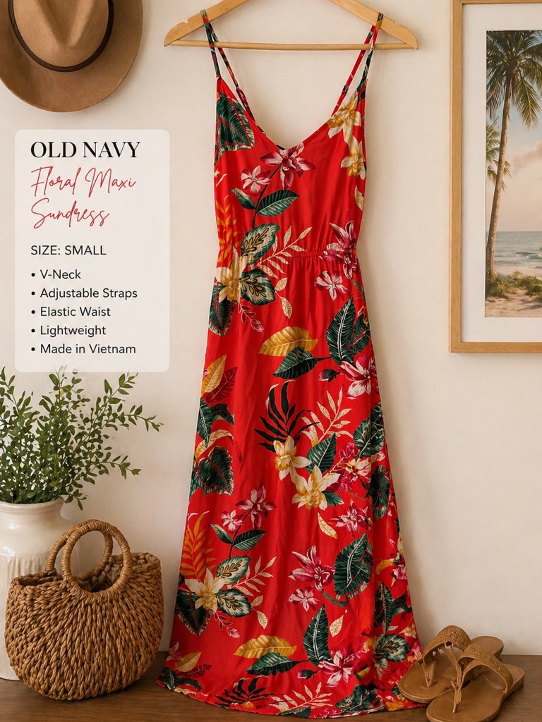 Old Navy Red Floral Maxi Dress | Tropical Sundress Size Small